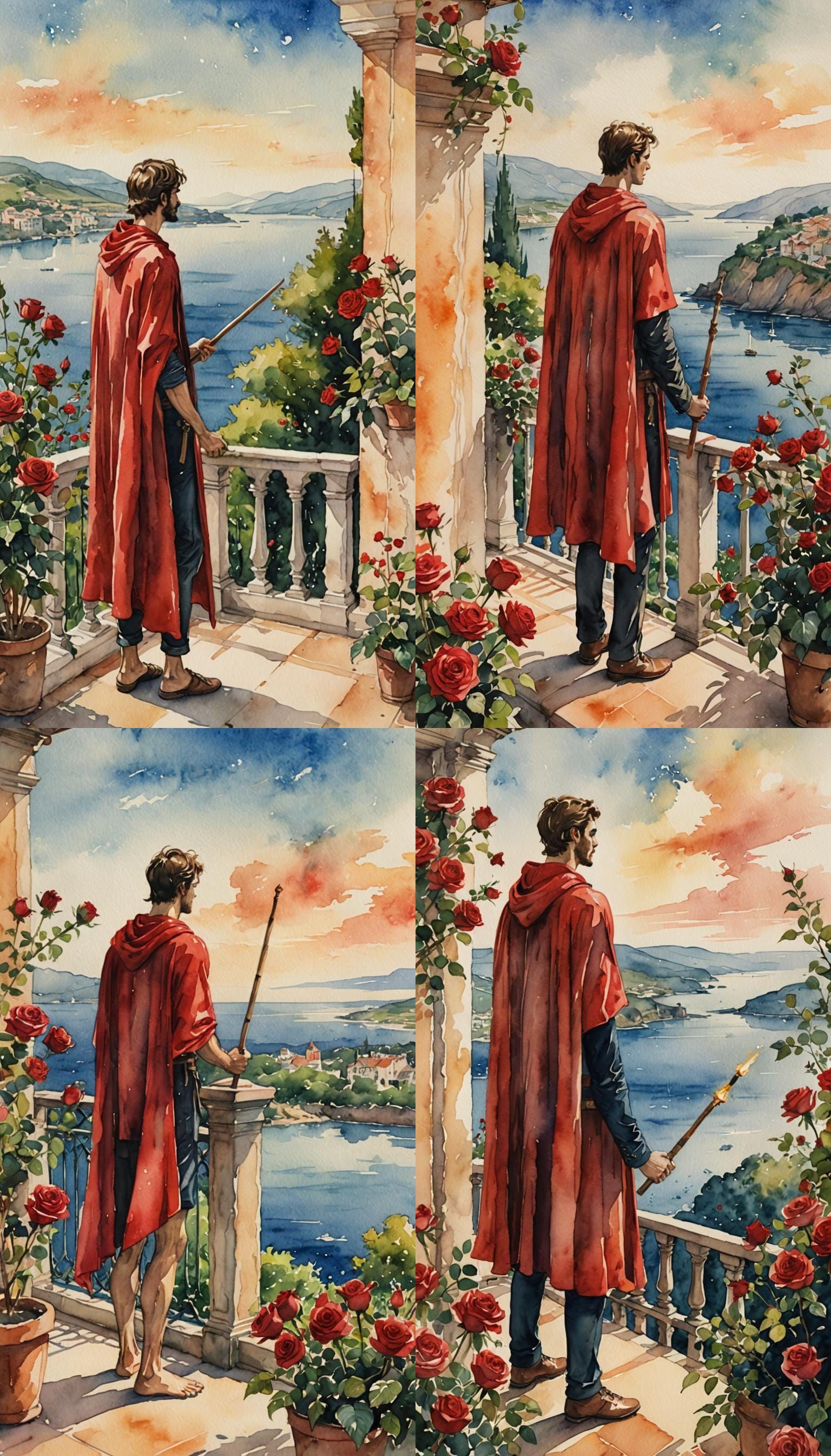 Watercolor Painting of Man on Balcony with Baton