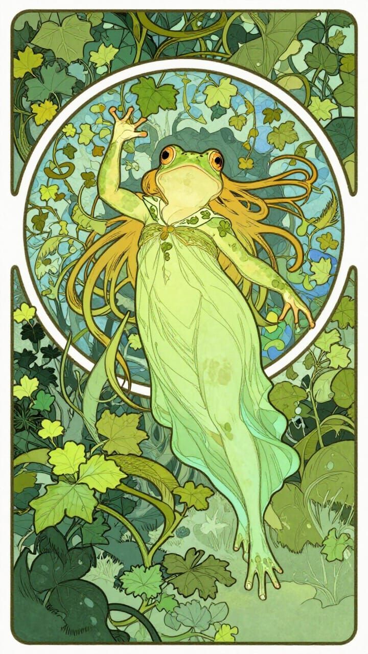 Art Nouveau Frog Princess Magical Transformation in Dreamy J...