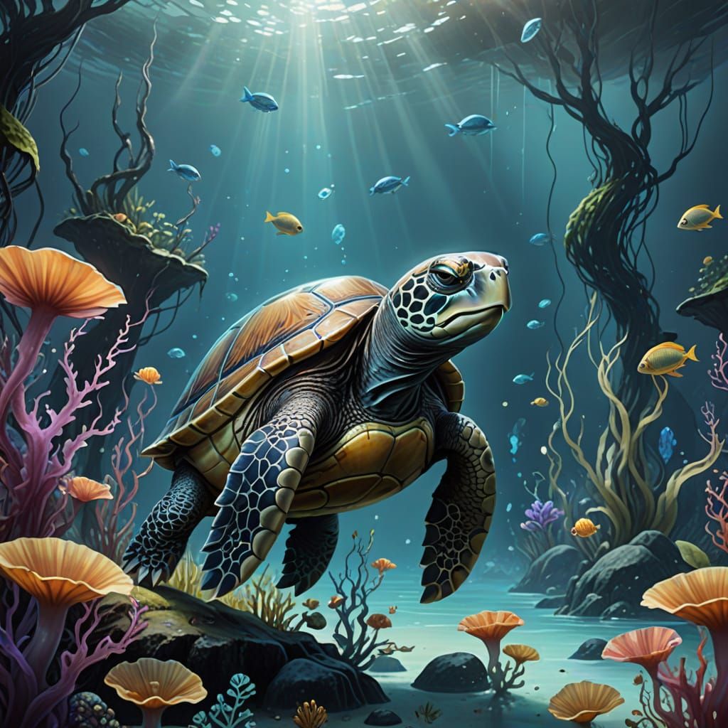 Anthropomorphic Turtle Sips Tea in Underwater Watercolor