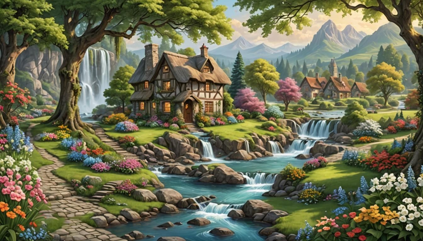 Picturesque Countryside Landscape with Waterfall