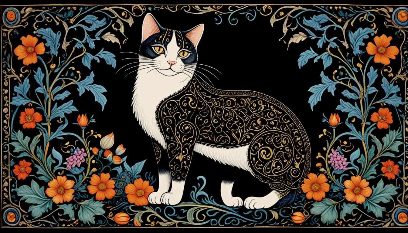 Elegant Medieval Cat Illustrations in Illuminated Manuscript...