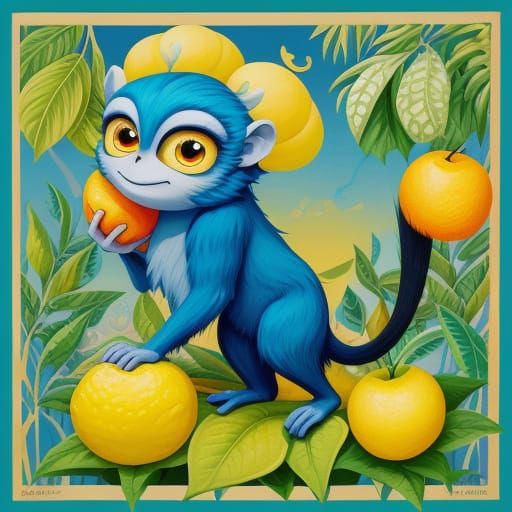 Whimsical Monkey Lemon Creature in Surrealist Gouache Style