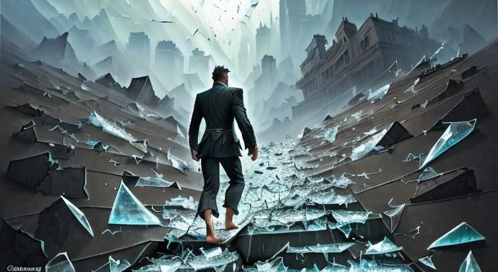 Man Walks Barefoot Uphill on Glass: Digital Art