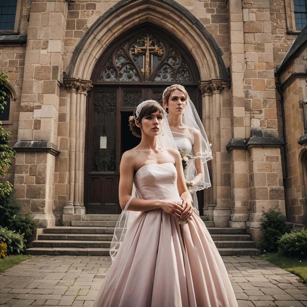 Masculine Figures in Bridesmaid Attire: Cinematic Still