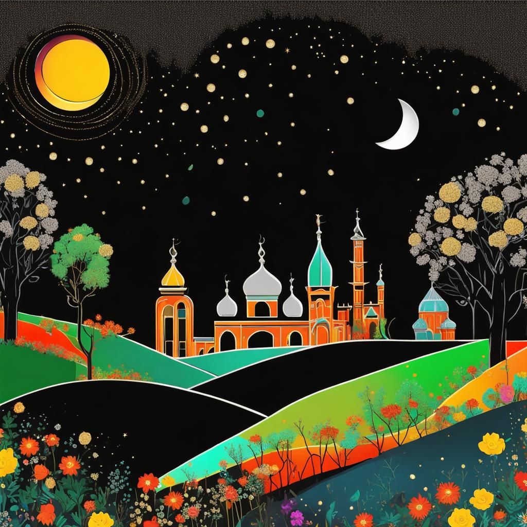 Festive Townscape in Palekh Style Under Moon