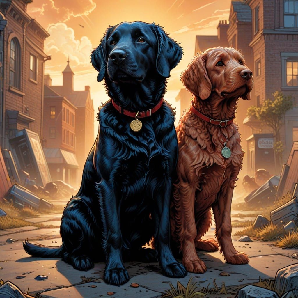 Black Lab and Red Golden Doodle in Comic Book Style