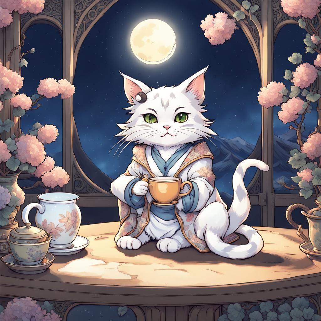 Cute Two-Tailed Cat Coloring Page in Anime Style