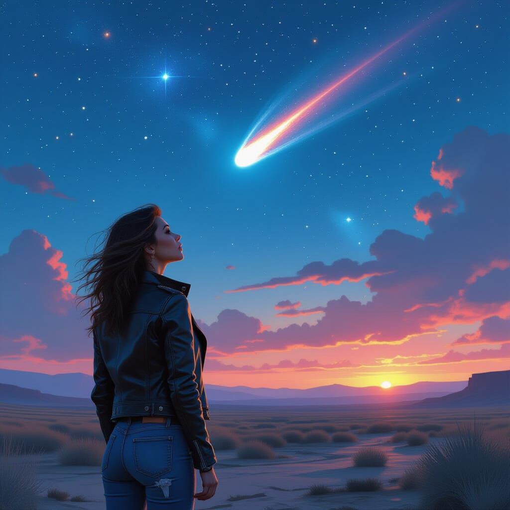 Post-Apocalyptic Woman Gazing at Comet in Digital Art