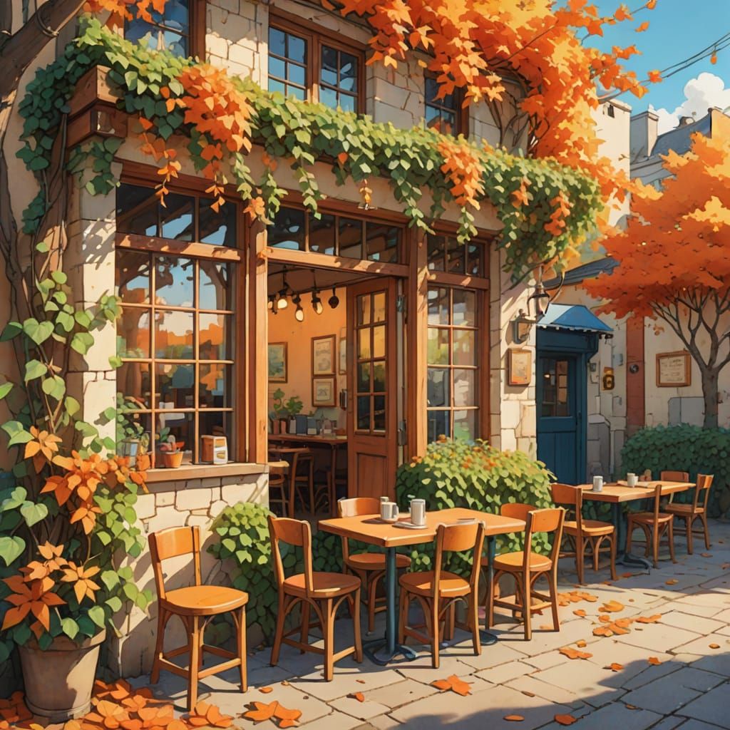 Charming Whimsical Café by the Sea in Vibrant Autumn