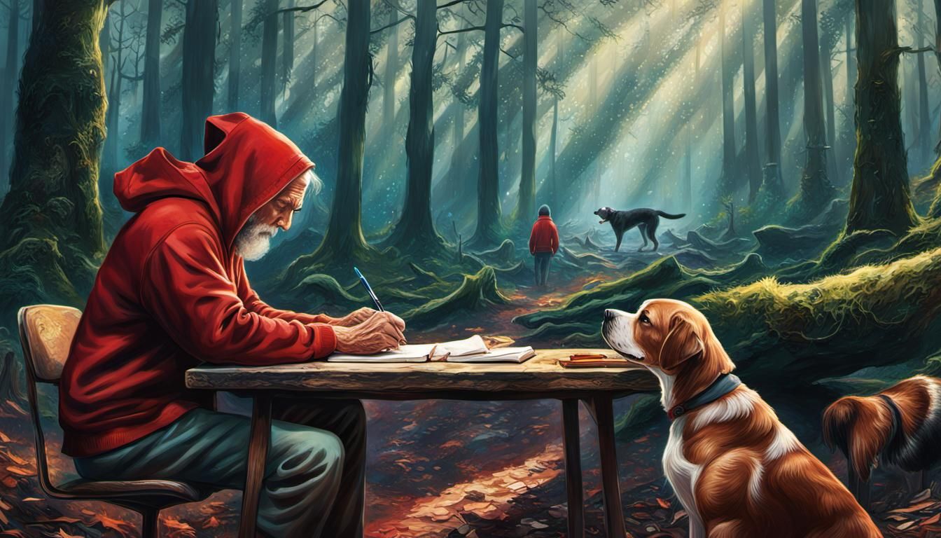Old Man Writing in Forest with Girl and Dog