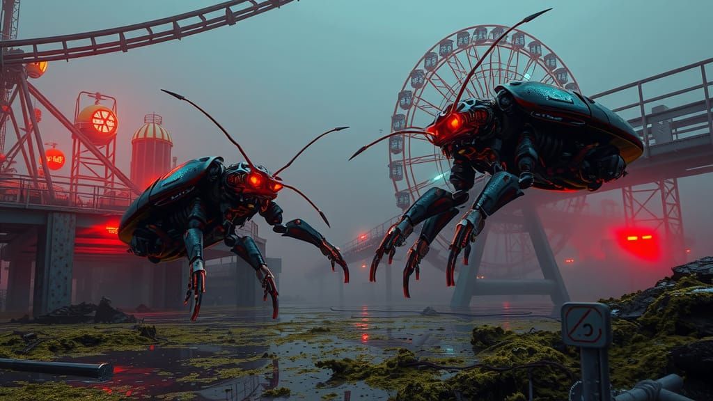 Cyborg Cockroaches Battle in Dystopian Amusement Park