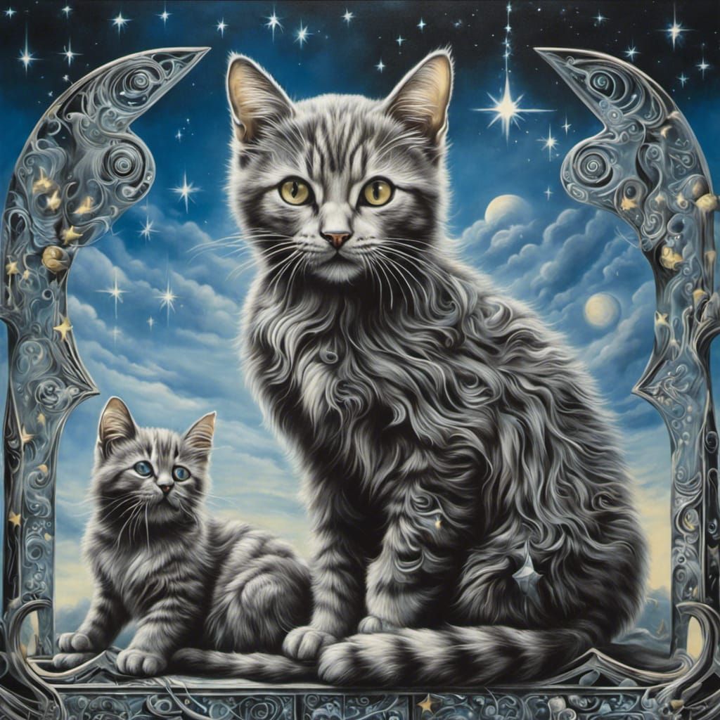 Biomechanical Kittens Playing with Stars in Airbrush Art