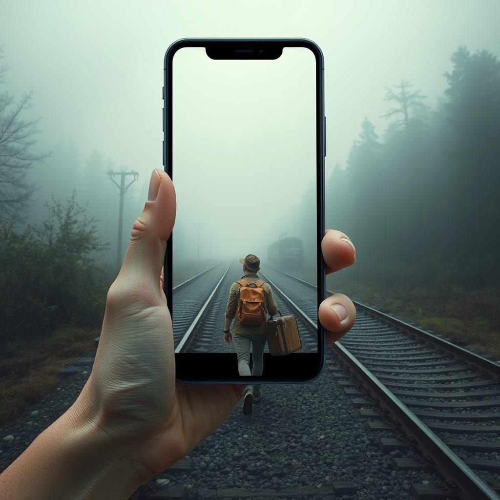 A surreal and conceptual artwork featuring a person walking along train tracks in a misty, dense forest.