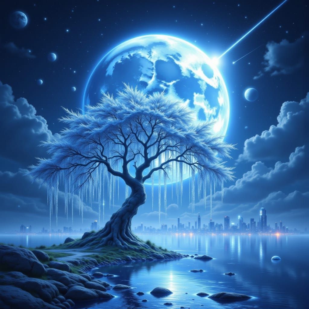 Mystical Willow Tree on Moonlit Shoreline