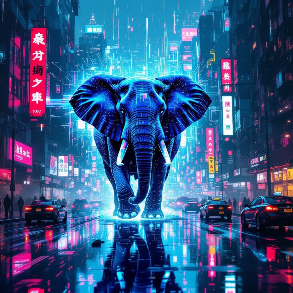 Holographic Elephant Over Cyberpunk Cityscape