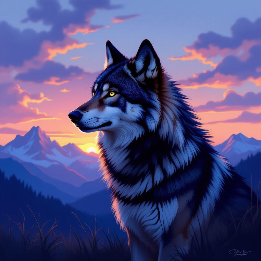 Majestic Wolf Oil Painting at Twilight