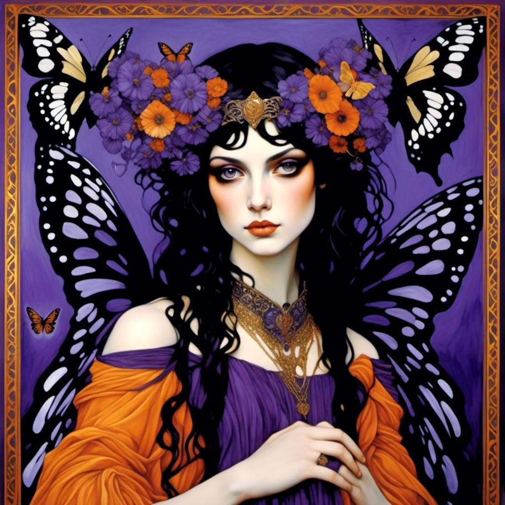 Anime Angel with Butterflies in Art Nouveau Style