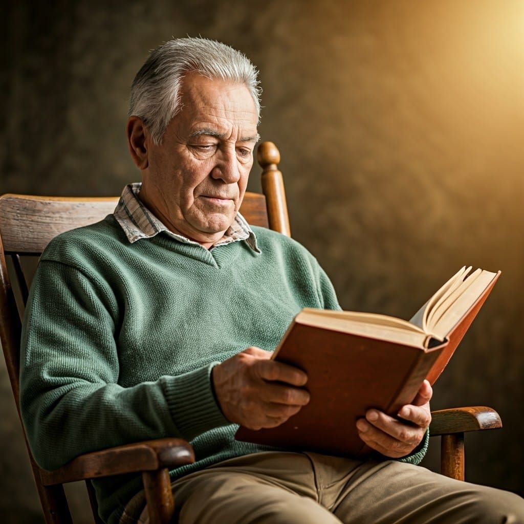 Senior Man Reads in Gentle Afternoon Light