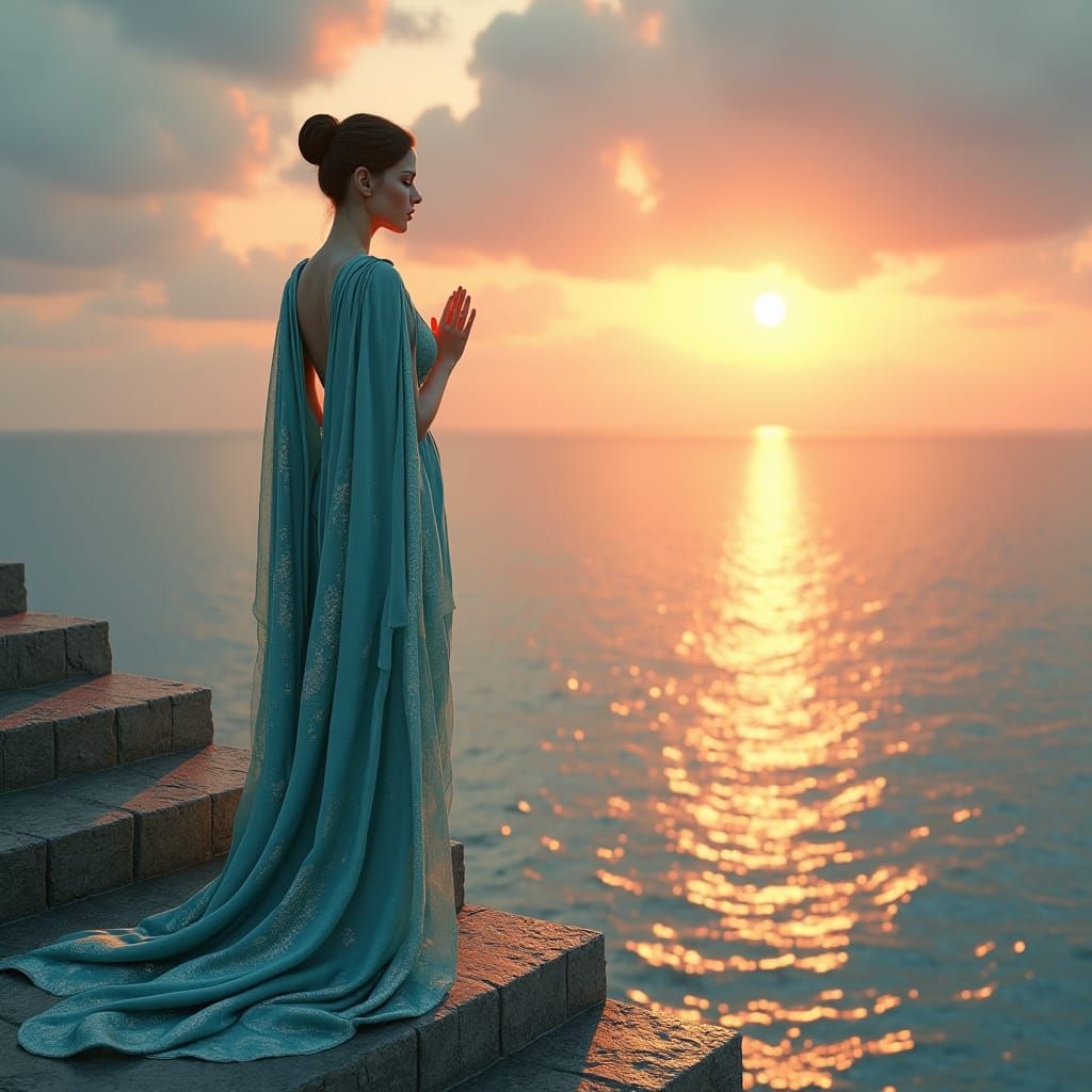 Goddess in Turquoise Robes at Sunrise