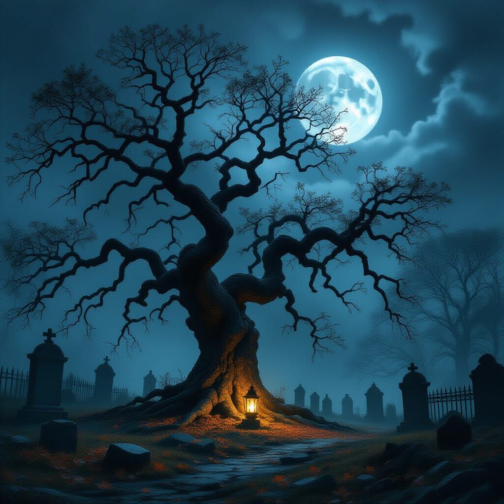 Ancient Oak in Moonlit Gothic Graveyard