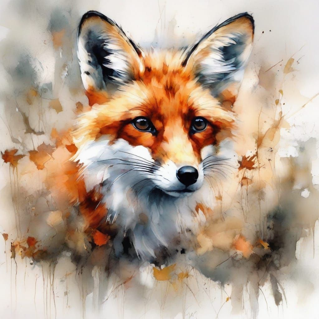 Tiny Fox on Autumn Forest Path in Spray of Leaves