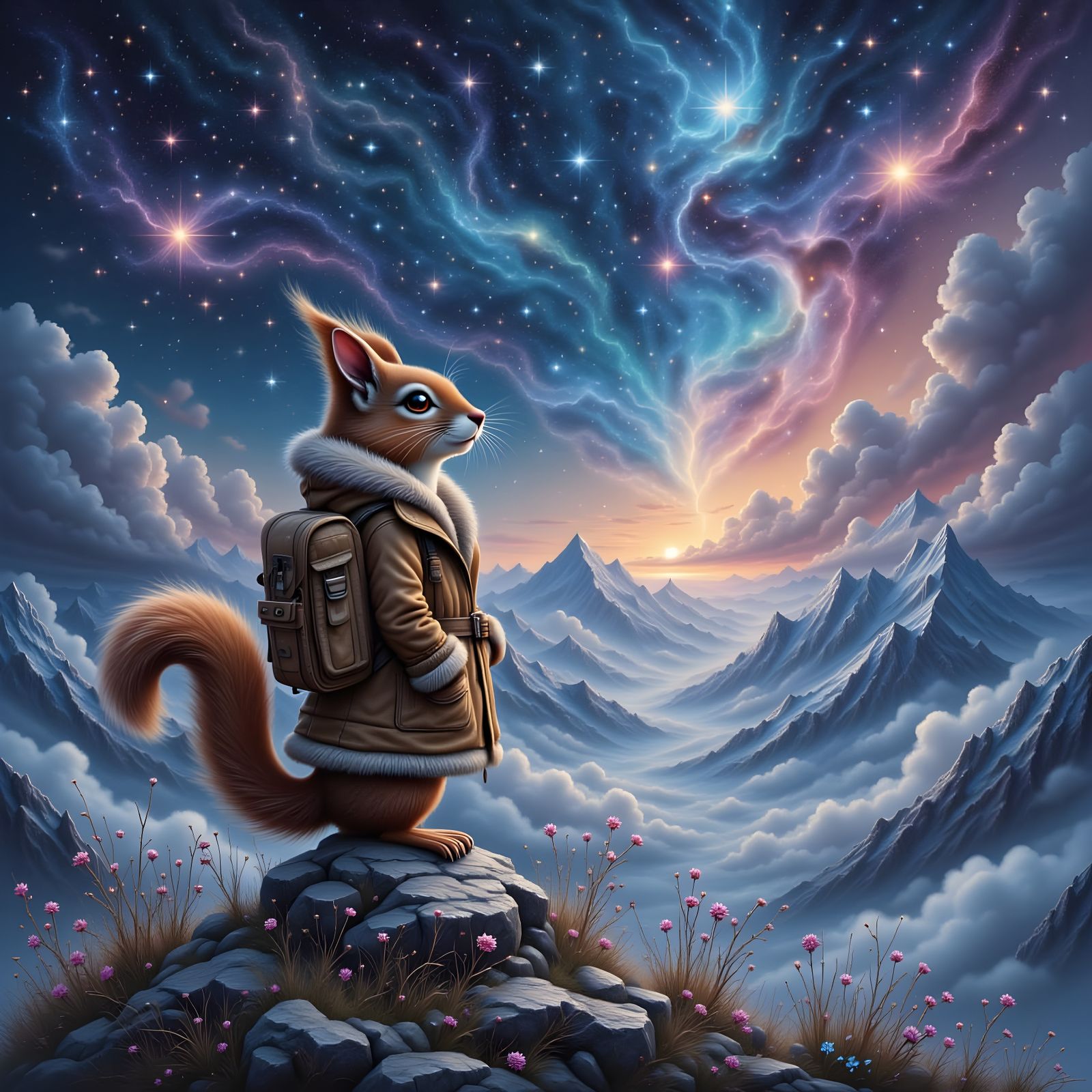 Adorable Squirrel Gazing at Night Sky Nebula
