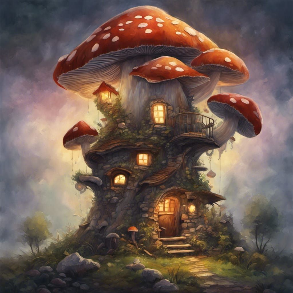 Mushroom Gnome House in Gouache Style