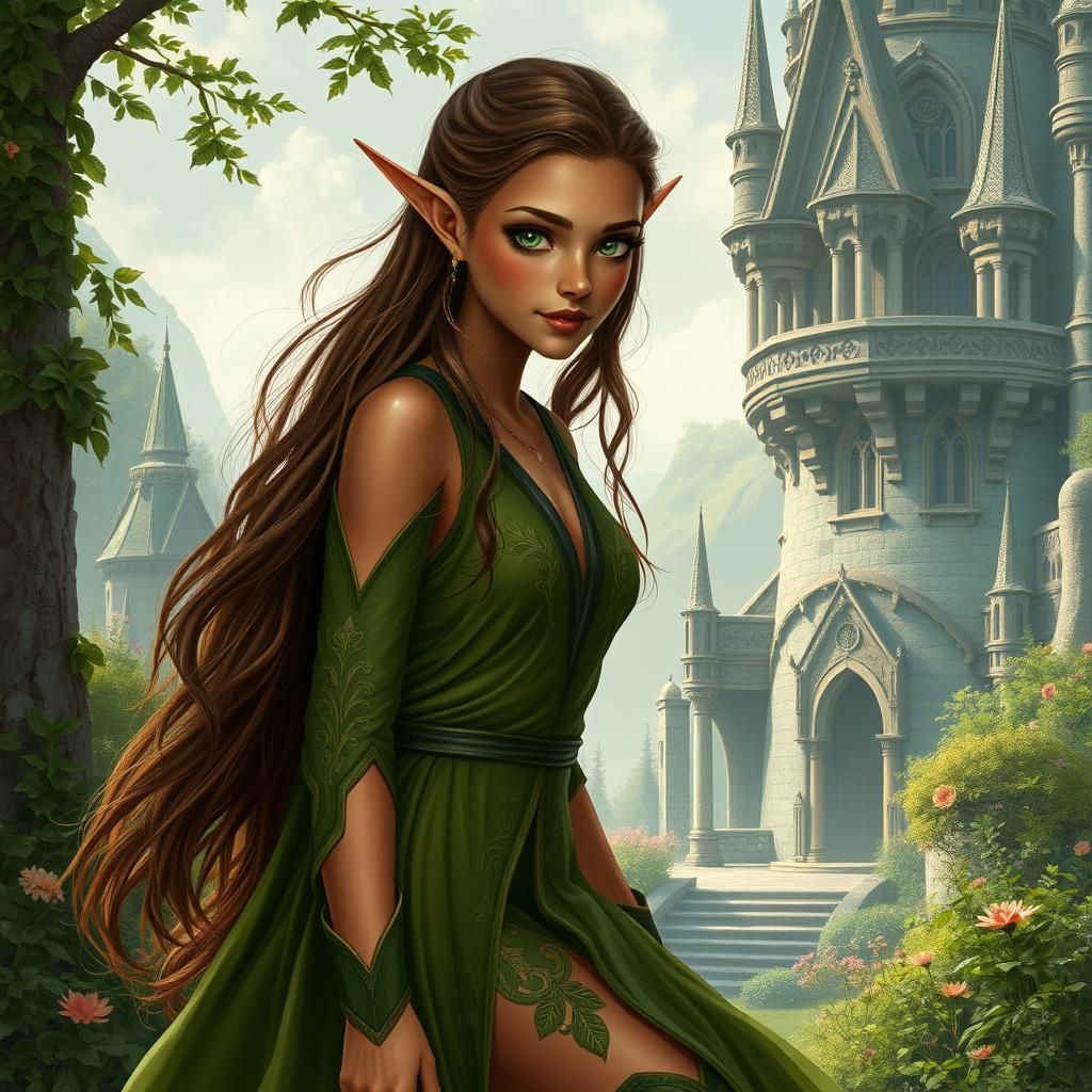 Elegant Elven Maiden in Palace Gardens