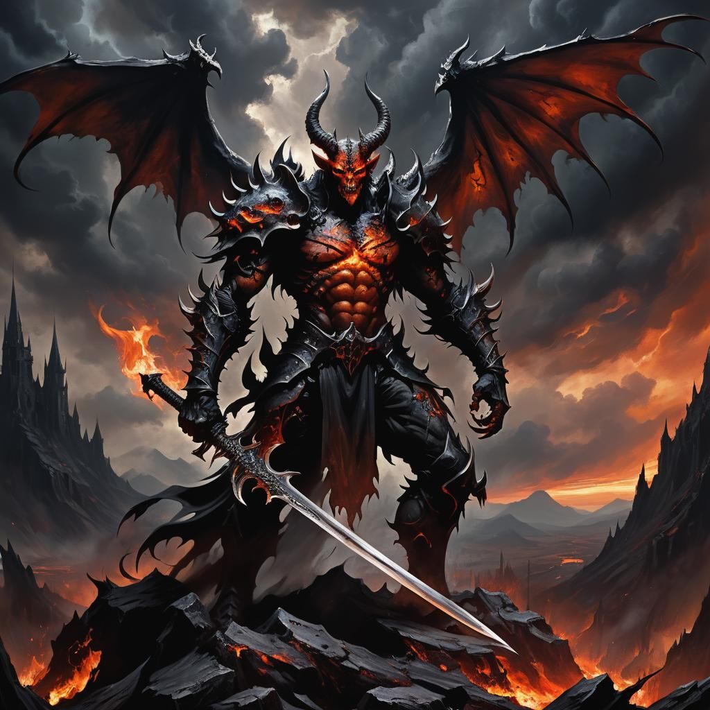 Demonic Warrior in Hellish Landscape: Gothic Oil Painting