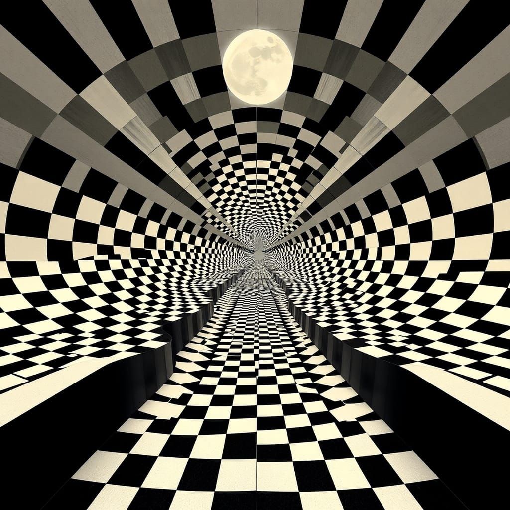 Recursive Op Art Landscape in Retrofuturist Style