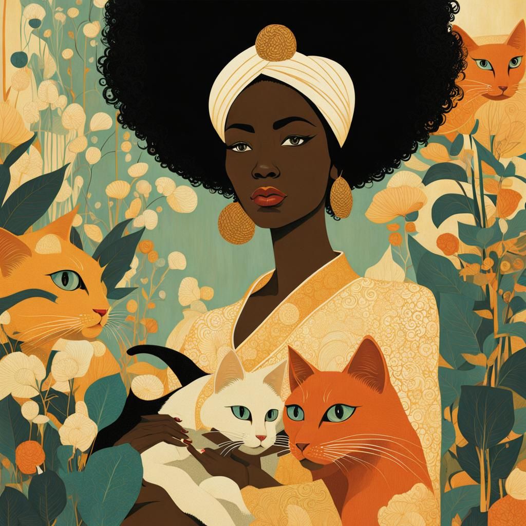 Black Woman with Cats in Illustrative Style