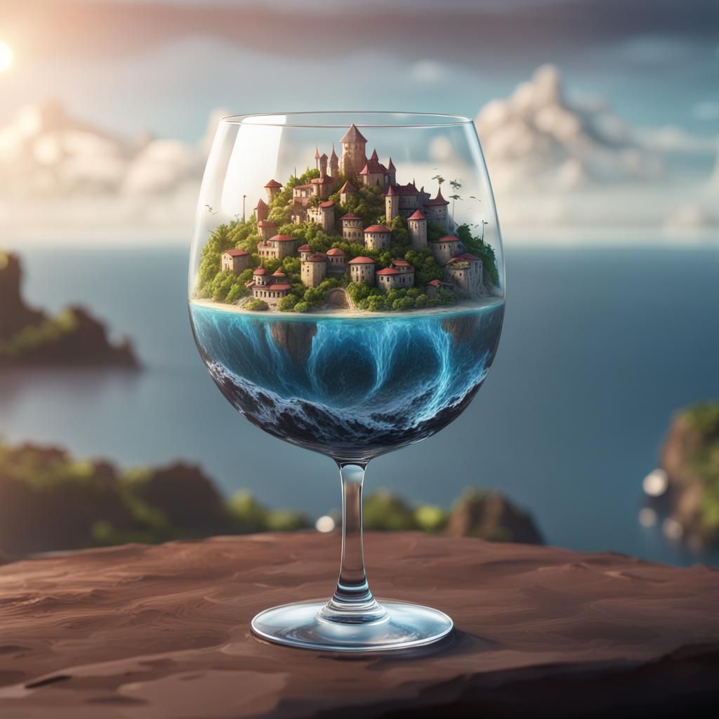 Majestic Island in Wine Glass: Detailed Matte Painting