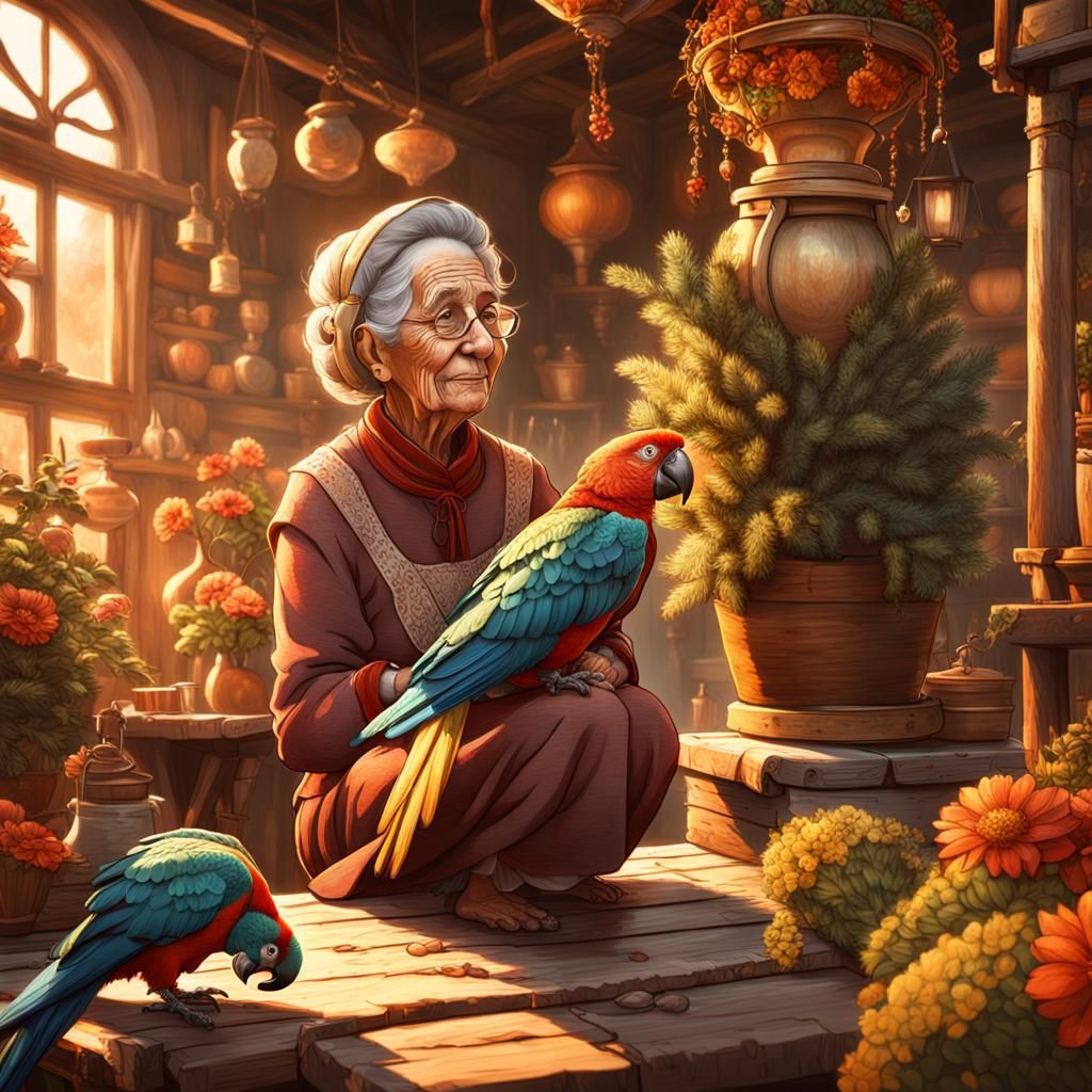 Elderly Woman and Parrot in Ghibli Style