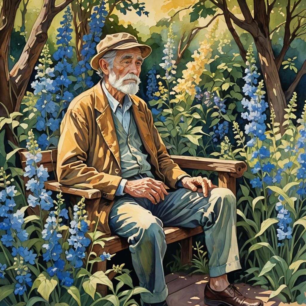 Art Nouveau Garden Scene with Delphinium Flowers