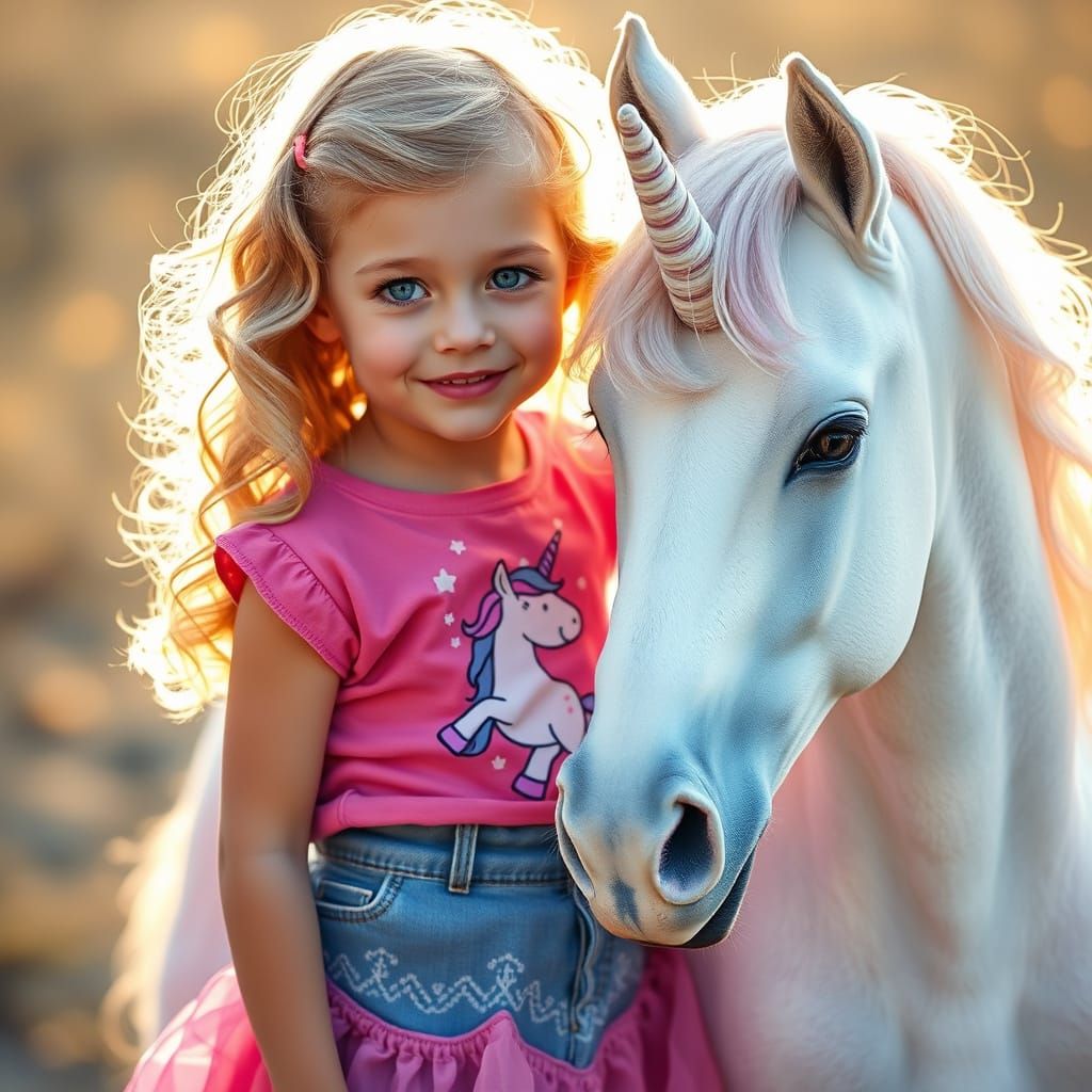 Young Girl Petting a Majestic Unicorn in a Whimsical Landsca...
