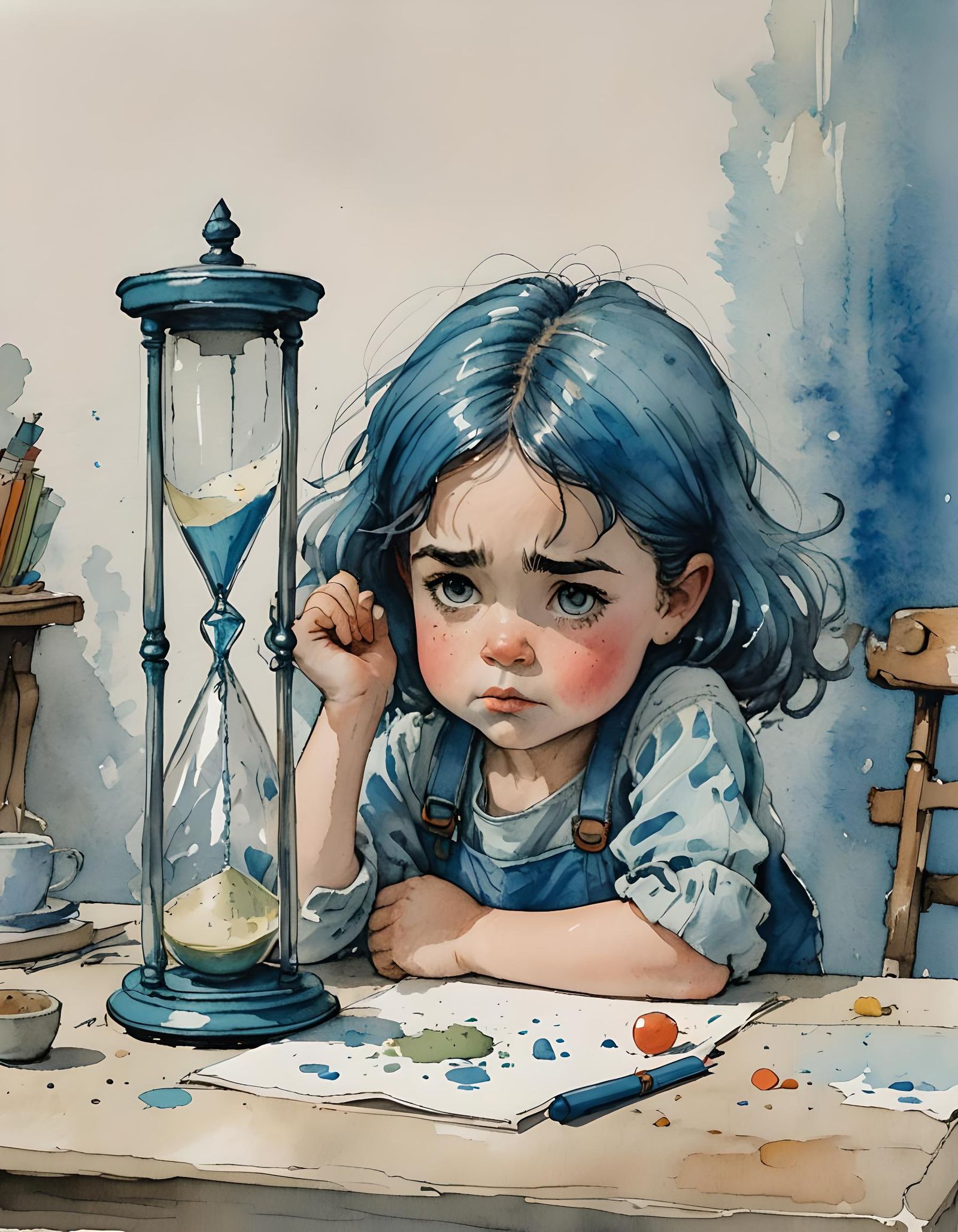 Cute Blue-Haired Girl Angrily Staring at Hourglass