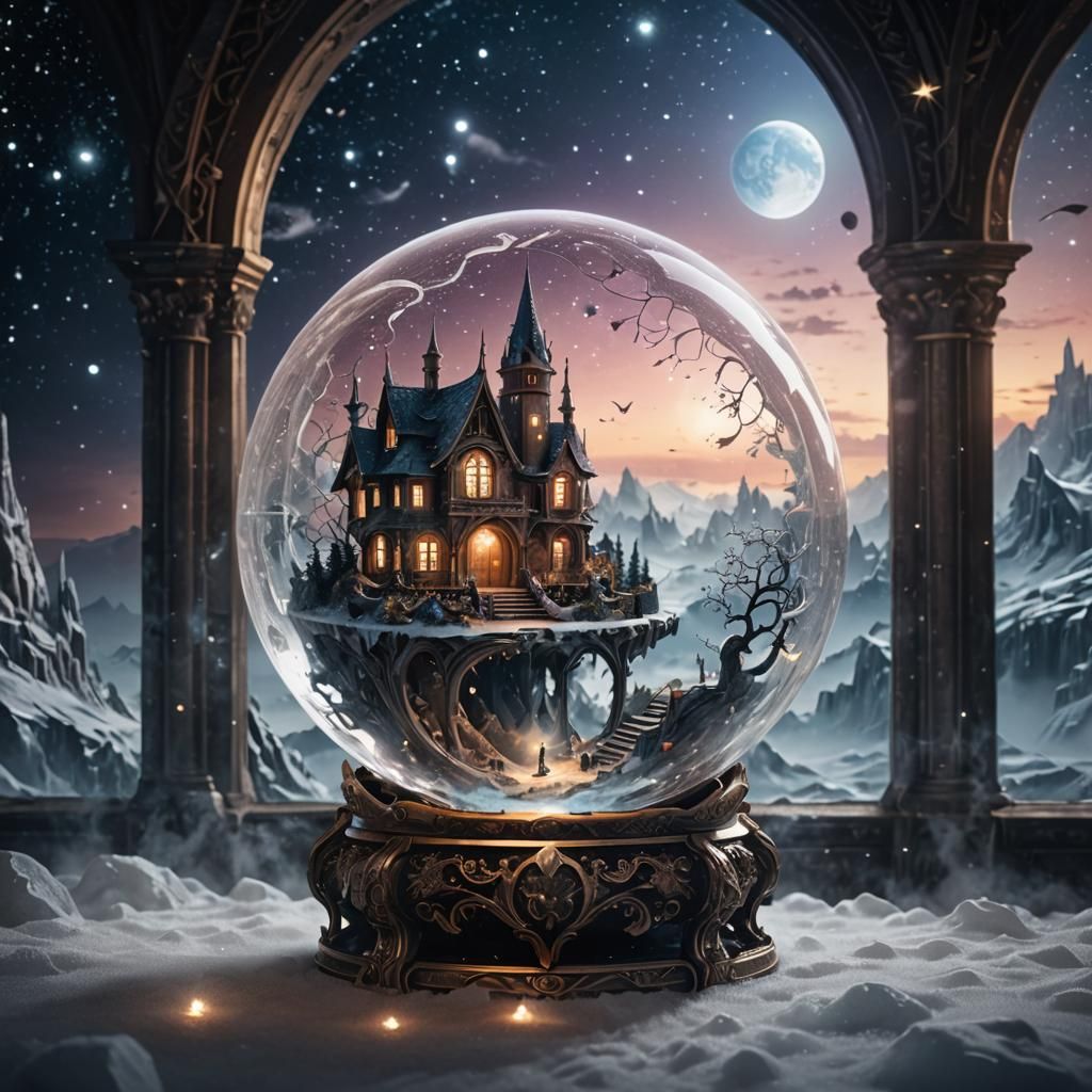 A miniature fantasy world carved into a magical sphere. In the sphere of the moon and stars, lightning, light particles ...