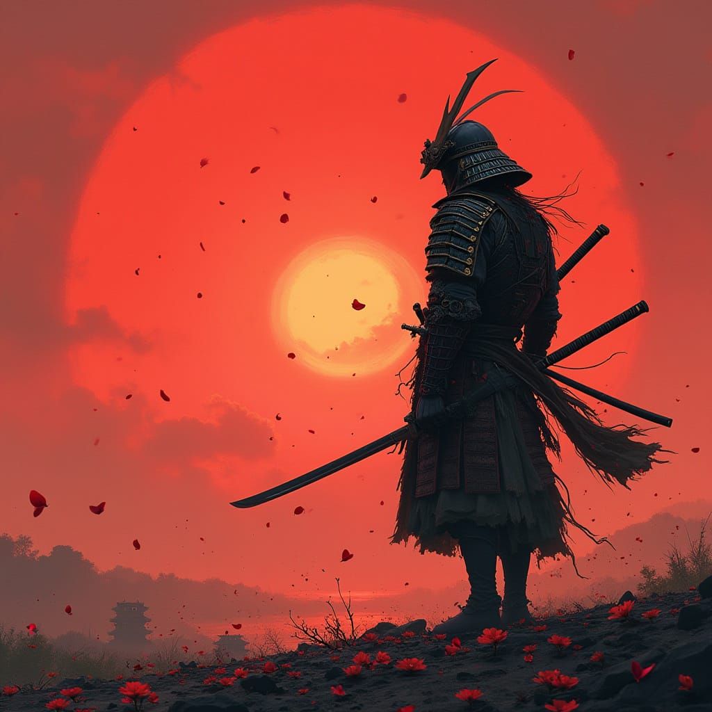 Surreal Samurai Silhouetted Against Vibrant Crimson Sunset