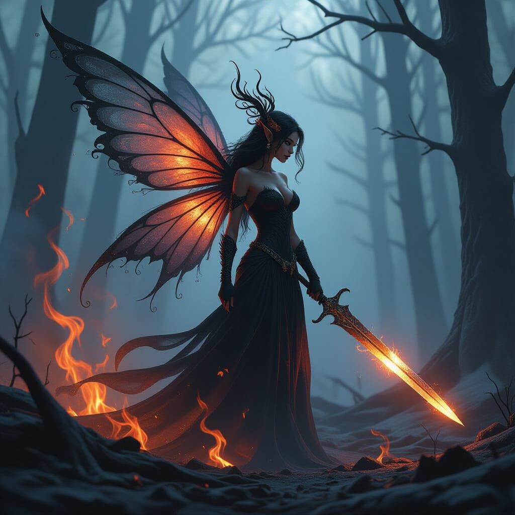 Ember Fairy Rising from Charred Forest: Digital Art