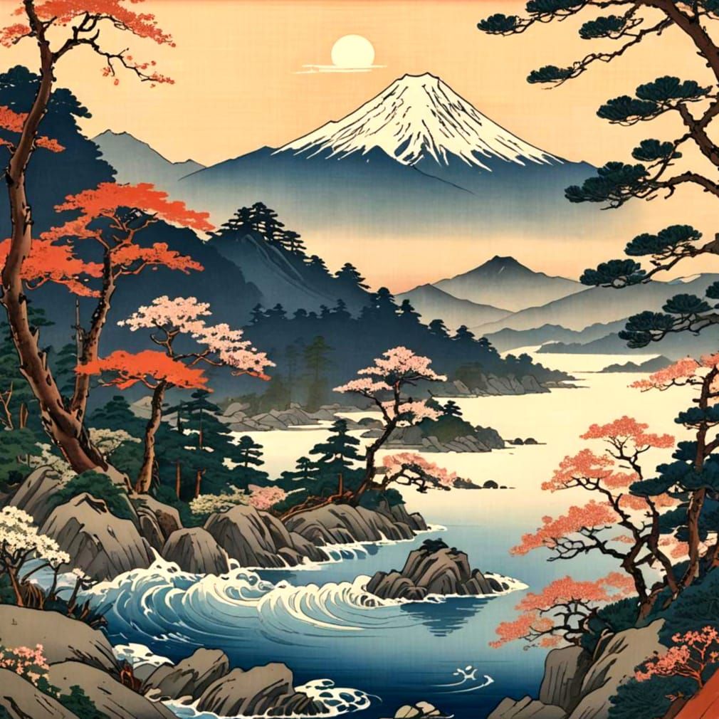 Ukiyo-e Landscape with Mountain, Lake, and Sunset
