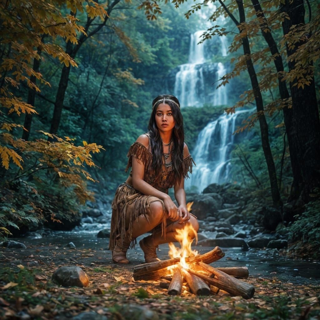 Native American Maiden Beside Mystic Wildfire in Maple Fores...