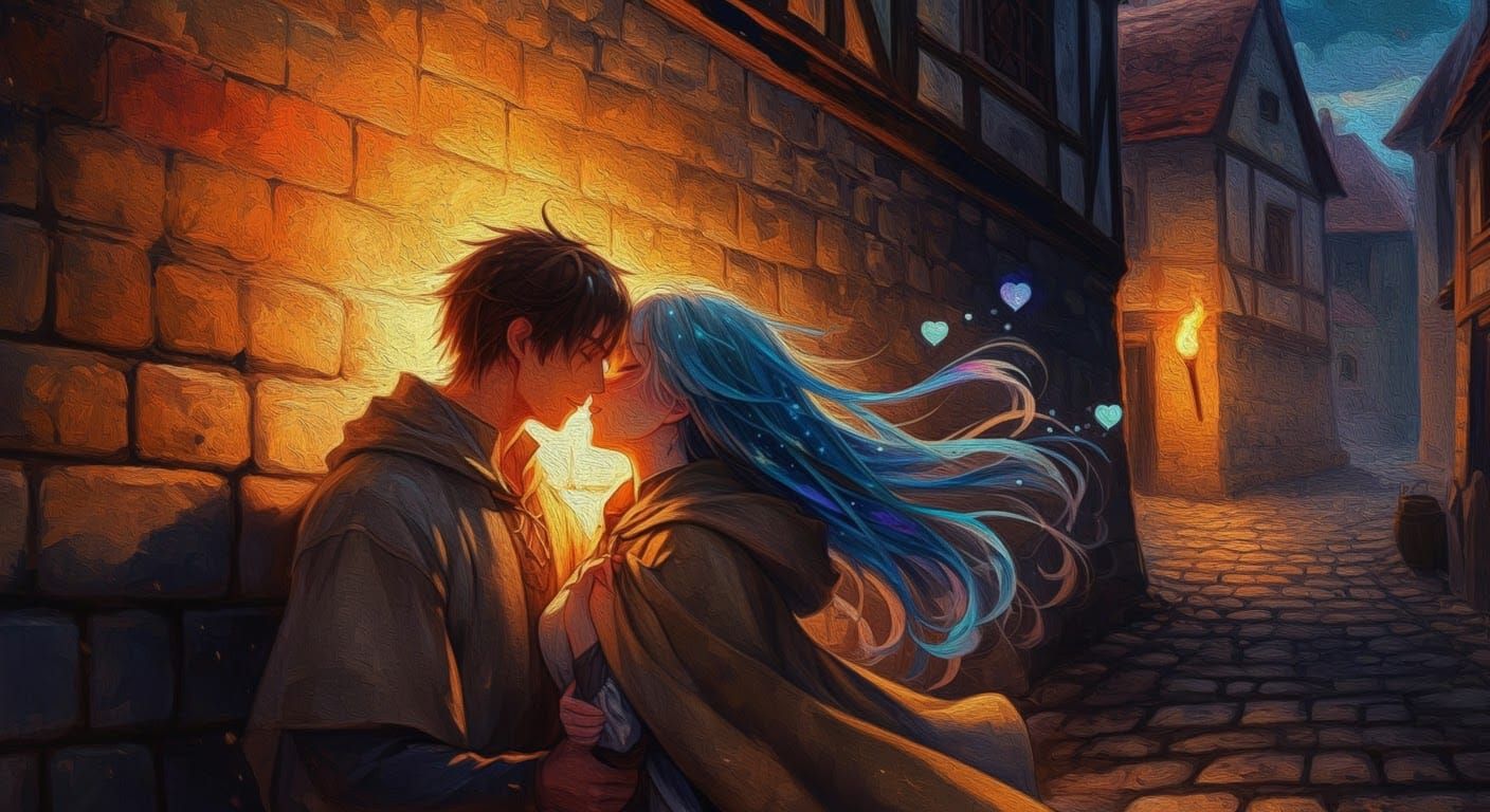 Anime Kiss on Cobblestone Street in Impressionism Style