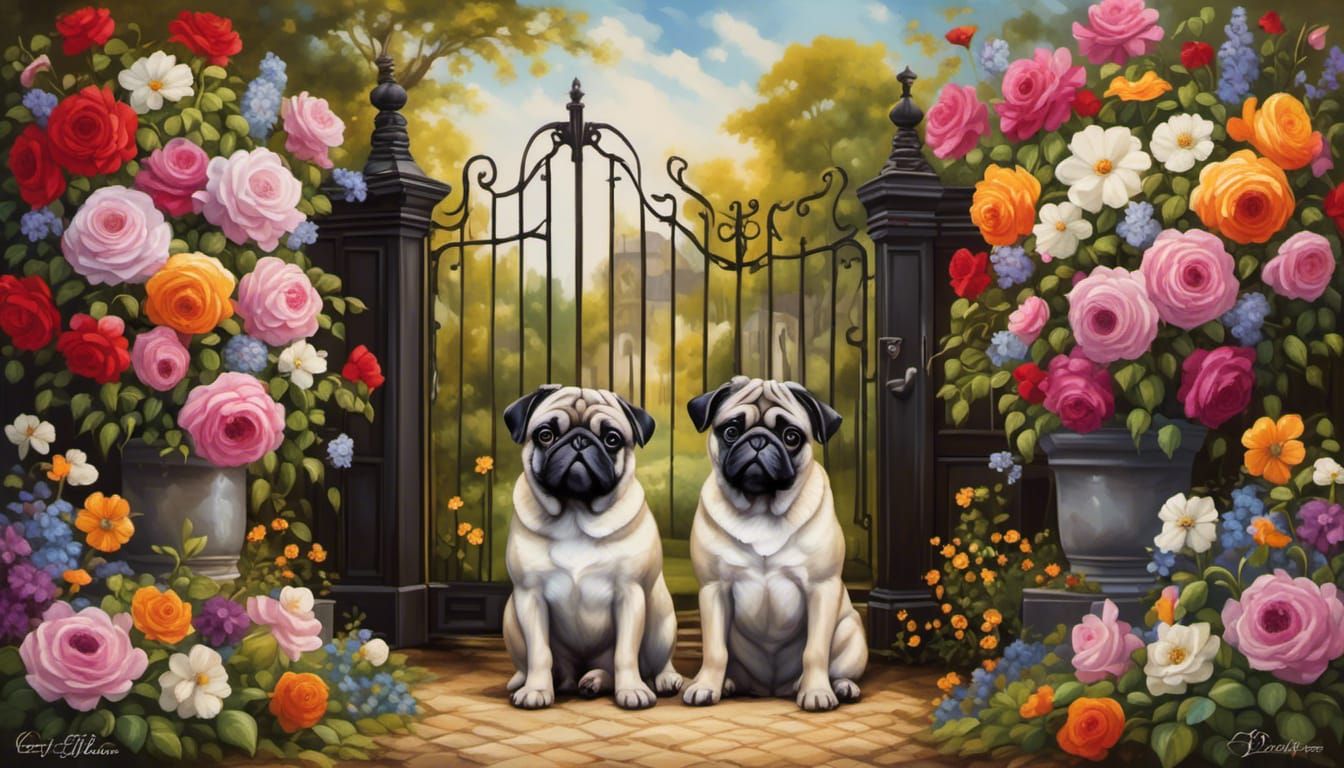 Pugs at Flower Gate: Realistic Oil on Canvas
