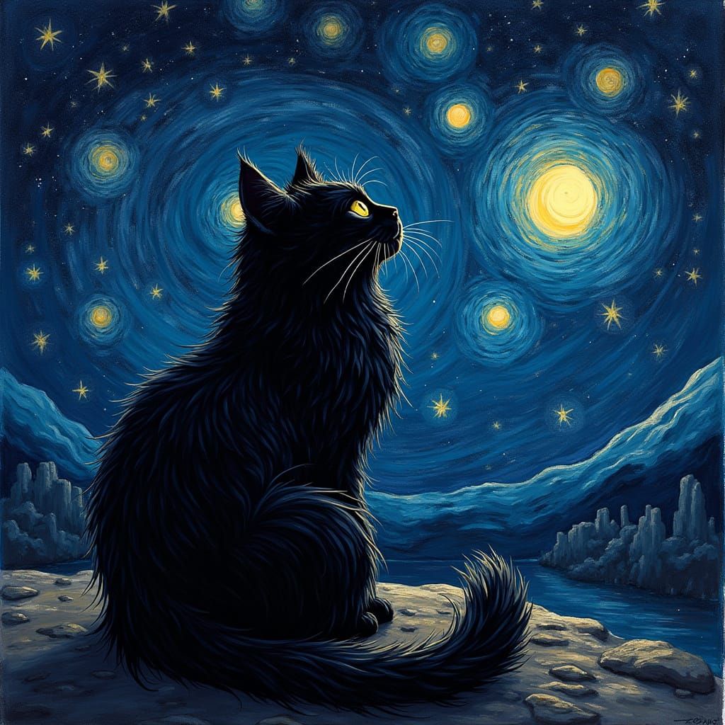 Black Cat Gazing at Starry Night Sky
