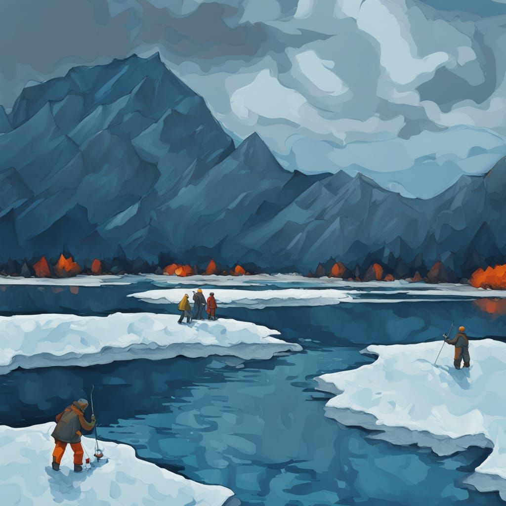 Impressionist Ice Fishing Scene in Gouache Style