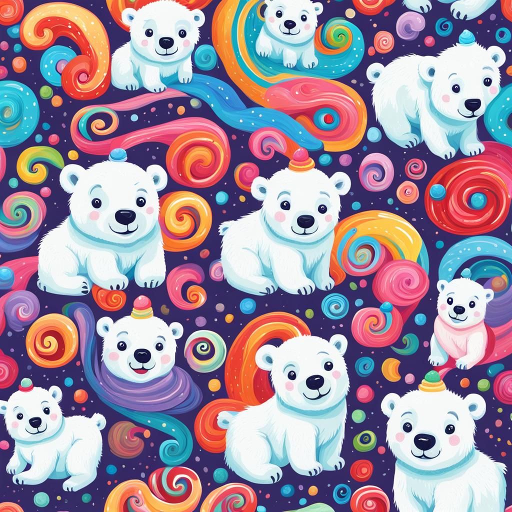 Adorable Cartoon Polar Bears in Candyland Wonderland