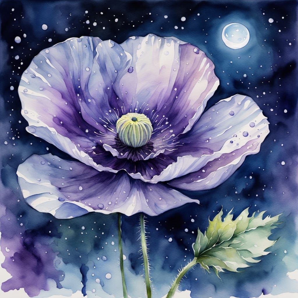 Purple Poppy in Moonlight Watercolor Painting