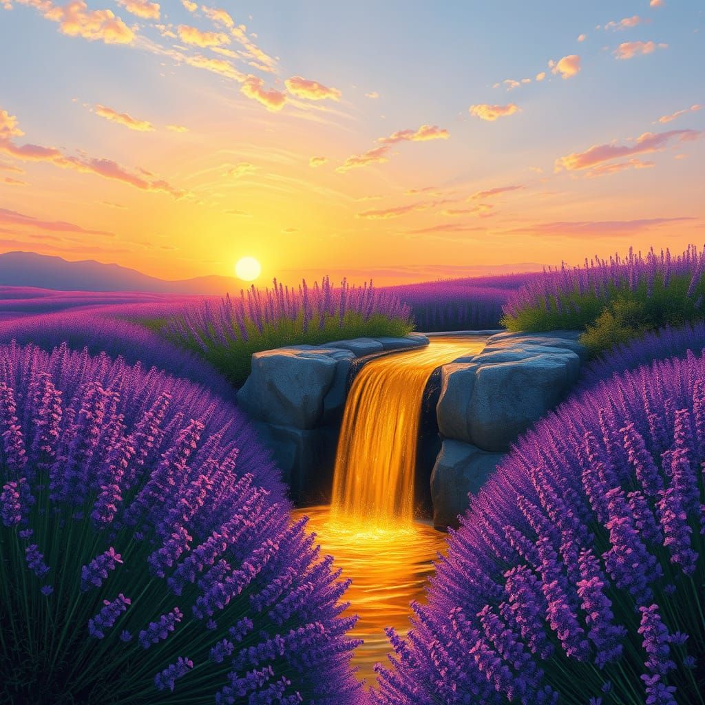 Ethereal Landscape with Golden Waterfall and Lavender Fields