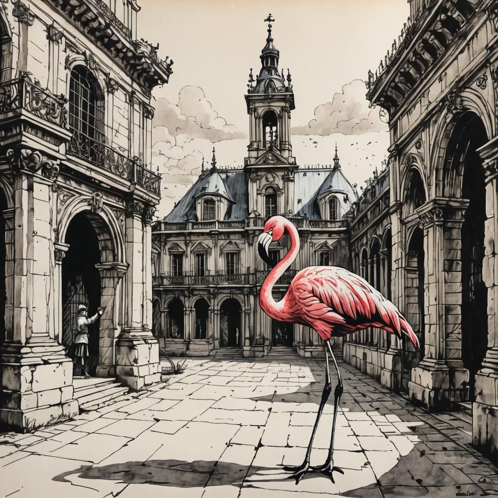 Flamingo Fencing in Paris, Gothic Ink Drawing