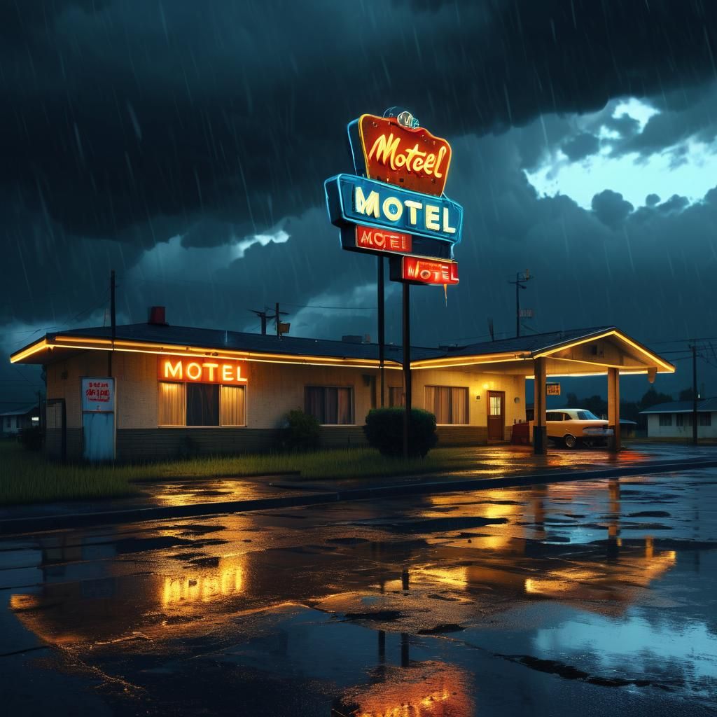 Noir Motel at Night in Rainy Weather